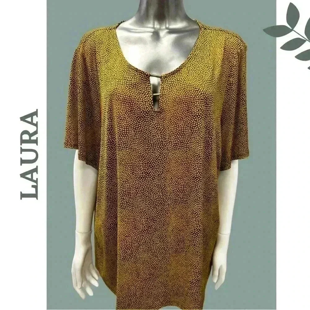 Laura Yellow Black Dot Pattern Short Sleeve Top Loose Fit Metal Keyhole 2x